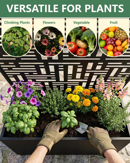FOLAWO Metal Planter Box with Trellis,70.9"x47.2"x15.7" Raised Garden Bed with Drainage Holes, Privacy Planters for Outdoor Garden Bed for Climbing Plants,Vegetables,and Vines,Black-Modular