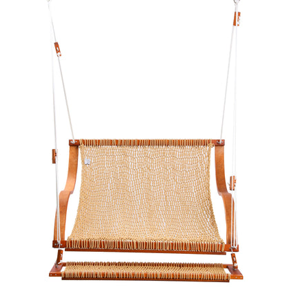 SANIWERKE® Porch Swing for 2, Double Hammock Swing with Footrest & S-Armrest, Adjustable Hanging, Durable Rope Net&Thick Wood, 650LBS, 50" Wide, Luxe Reclining Duo Swing for Patio Porch(Soft Tan)