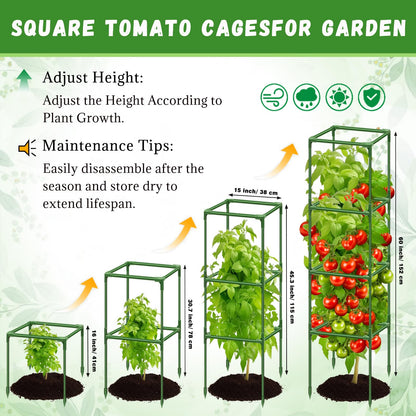 Riare 4 Pack Square Tomato Cages for Garden Plant Support- Up to 60 Inch Tomato Cage Garden Stakes Tomato Trellis for Potted Plants Raised Garden Bed Climbing Vegetables Flowers Outdoor Indoor