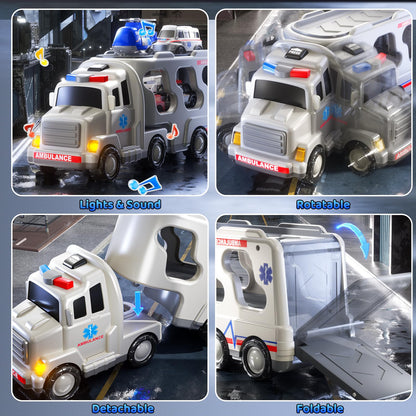 KIZONLY Ambulance Truck Toys Set for Kids Toddlers 1-3 3-5 Years Old, Carrier Truck Playset with Toy Cars, Light and Sound, City Learning Toys for Toddlers, Birthday Gifts for Boys Girls Aged 2-4 4-8