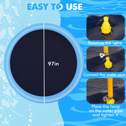YAUNGEL Splash Pad for Dogs - 97in Non-Slip Splash Sprinkler Pad for Kids Toddlers Baby, 0.58mm Thickened Durable and Foldable Dog Pool Summer Outdoor Water Toys Play Mat, Blue