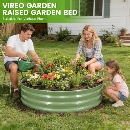 VIREO GARDEN Galvanized Raised Garden Bed Outdoor 2Pcs | 4x4x1ft Metal Raised Beds for Gardening with Safety Rubber Strip | Round Planter Box for Plants Like Vegetables Fruits Flowers, Olive Green