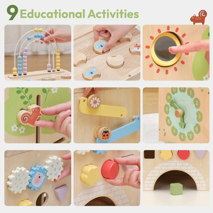 KizKnows Wooden Activity Cube 9-in-1 Montessori Busy Board Toy | Educational Sorting Play Center for 1+ Year Old Toddlers | First Birthday for Boys Girls