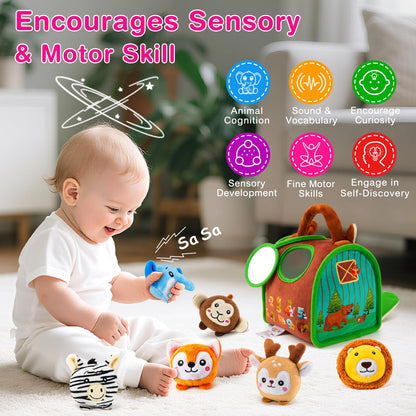 NECTAR BABY Soft Baby Sensory Toys - Squirrel Barn with 6 Stuffed Zoo Animals - Rattles, Crinkles, Squeak, Mirror - Montessori Toys for 6-12 Months Infant & 1-3 Years Toddlers Gifts & Travel Toy