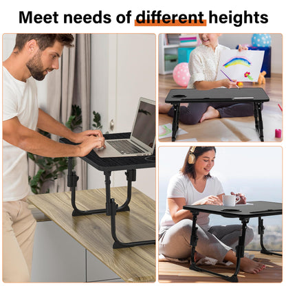 DECOSIS Laptop Desk for Bed Height Adjustable, Lap Bed Table with USB/Storage Drawer/Cup Holder/Tablet Stand/Book Shelf, Foldable Breakfast Tray Portable for Reading Writing, Sofa & Floor, Black