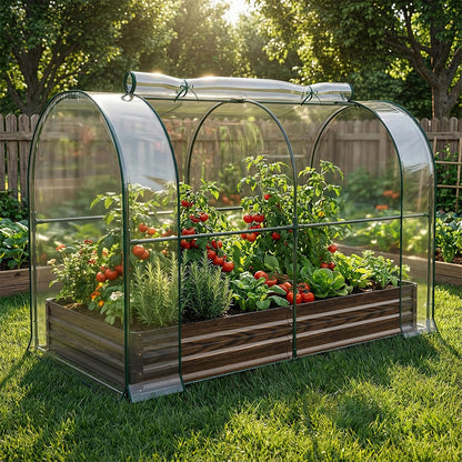 SUNYRISY Galvanized Raised Garden Bed with Greenhouse, Outdoor Metal Planter Box with Plant Bed Cover, Garden Box Protection for Gardening Vegetables Flowers Herbs Planting, Wood Grain