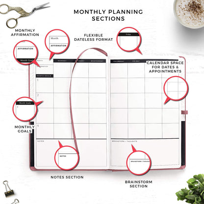 Smart Planner Pro – Undated Daily Planner – Small A5 – Achieve Goals & Increase Productivity – Weekly, Monthly, Work Sections, Organizer Diary with Back Pocket, 3 Satin Bookmarks & Pen Holder