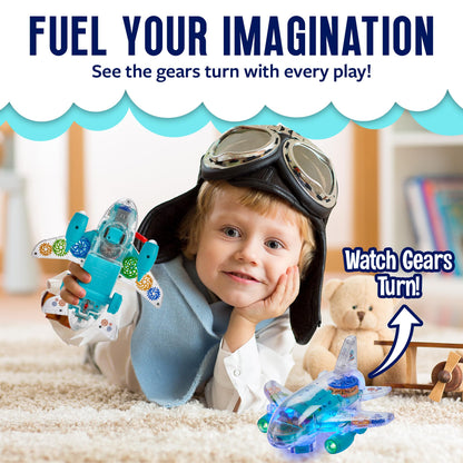 Playbees Light Up Transparent Gear Airplane Kids Bump and Go Autism Toys Colorful Moving Gears with Music and LED Effects Toddler Boy Toys Ages 3+
