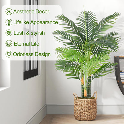 Keeplush 4ft Tall Triple Golden Cane Palm Artificial Tree Large Tropical Palm Tree UV Resistant Fake Plant in Pot for Indoor Outdoor Big House Living Room Outside Patio Office Home Decor 1Pack