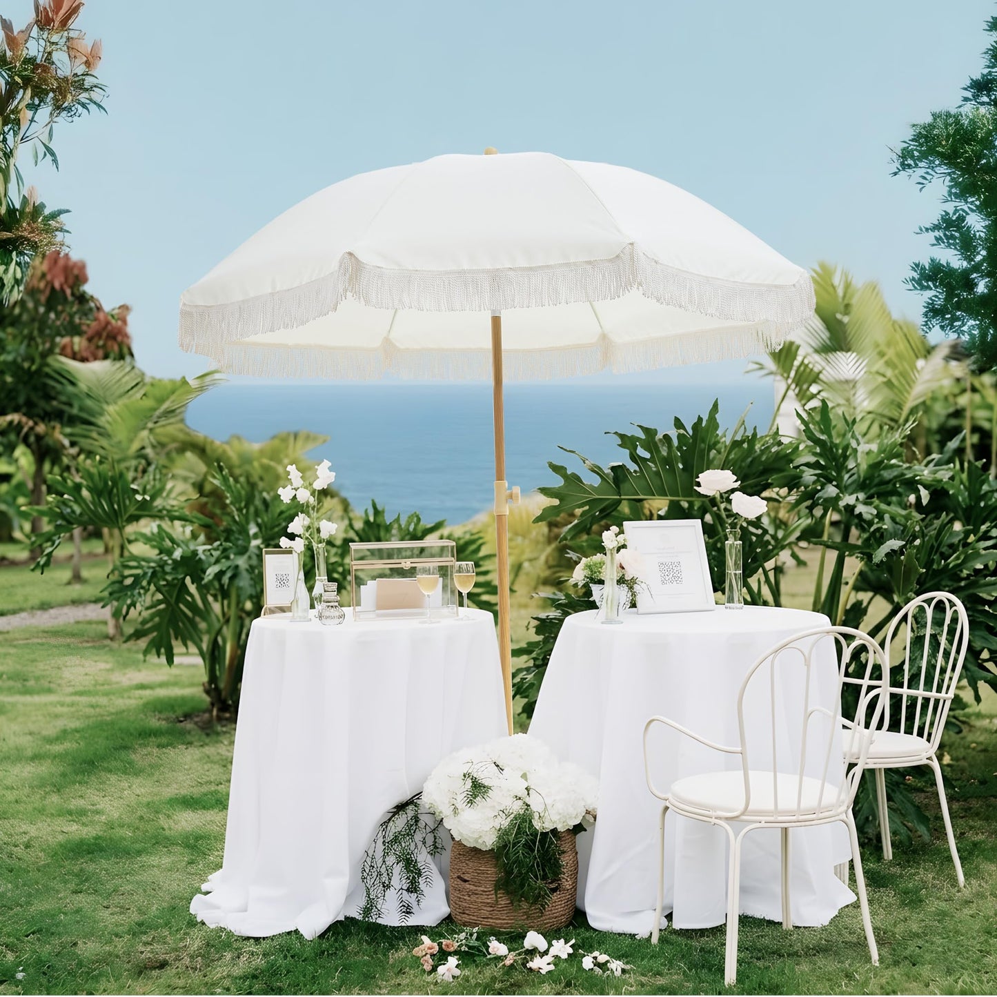 Kbrellaoutlets 7FT Boho Patio Umberlla with Fringe,UPF50+ Outdoor Umbrella with Fiberglass Ribs and Push Button Tilt,Tassels Umbrella for Beach,Terrace,Picnic (Belge)