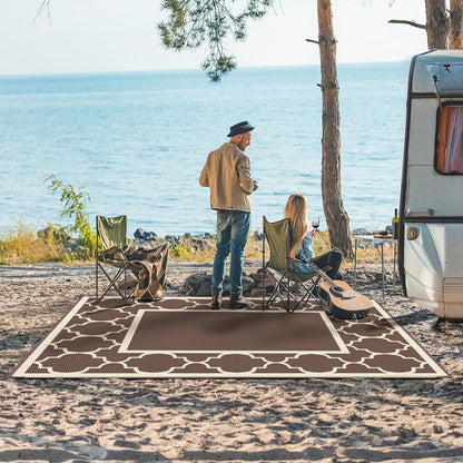 GENIMO Outdoor Rug 8' x 10' Patio Waterproof, Foldable Reversible Plastic Straw Area Rugs Mat for Camper Decor, Outside Carpet for Rv, Deck, Porch, Picnic, Beach, Balcony, Coffee & Beige