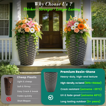 Ultym 19" H Coastal Planter for Indoor/Outdoor Plants, Set of 2 Large Flower Pot with Drainage Hole, Weather-Resistant Resin Planters for Garden Patio Porch Home Office Decor, Rustic Black Wavy
