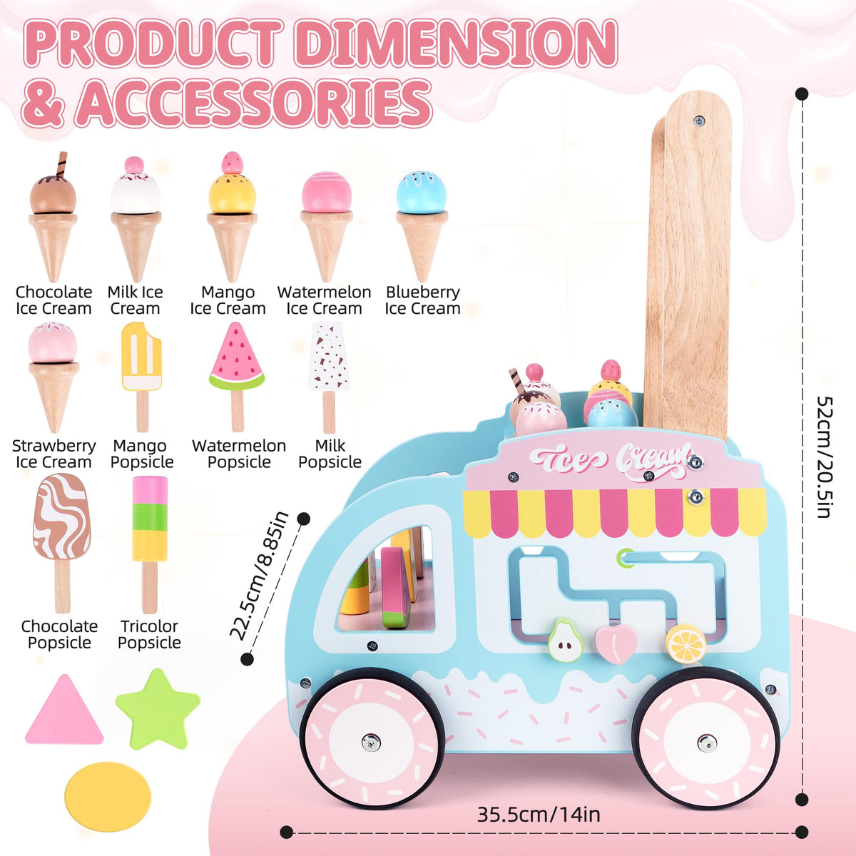 Wooden Baby Walker with Wheels for Girls, Toddler Play Store Ice Cream Toy, Multifunctional Ice Cream Cart with Baby Activity Center, Push Walking Toys Gift for 18+ Months Kids Learning to Walk