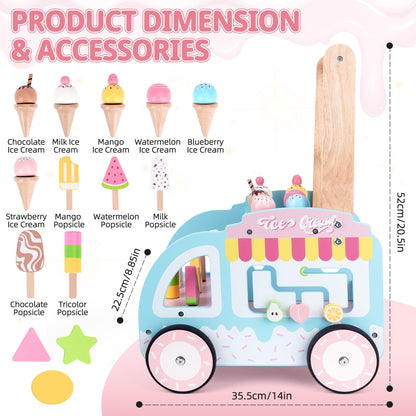 Wooden Baby Walker with Wheels for Girls, Toddler Play Store Ice Cream Toy, Multifunctional Ice Cream Cart with Baby Activity Center, Push Walking Toys Gift for 18+ Months Kids Learning to Walk