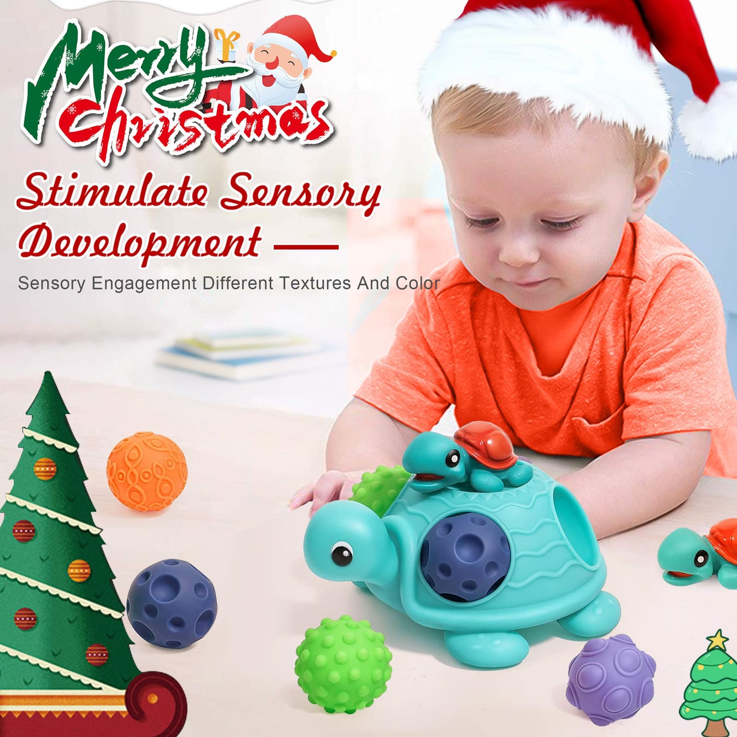 ROHSCE Montessori Sensory & Musical Baby Bundle: Textured Turtle Balls & Drum Musical Learning Infant Toys