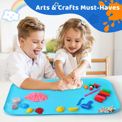 AtMini Silicone Craft Mats for Kids 24"x16"– with Raised Lip & Non-Slip | Reusable Silicone Art Mat for Play Sand, Painting, DIY Crafts | Durable Design (Blue)