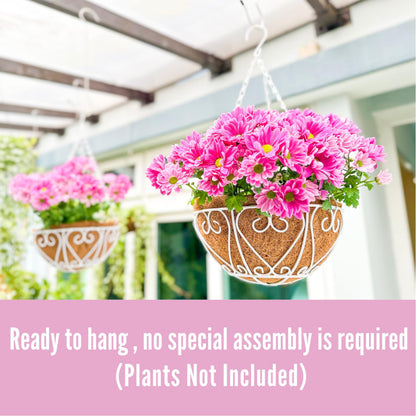 LaLaGreen Hanging Baskets for Plants (4 Pack, 14 Inch) Hanging Flower Pots with Coco Liner, White Metal Wire Round Basket Plant Holder with Hanger Hook Chain Outdoor Deck Patio Balcony Garden Decor