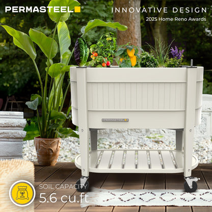 Permasteel Raised Garden Bed with Legs, Planter Box with EnGrow™ TrueSoil™ Technology for Vegetables, Flowers, Herbs, and Fruit, Outdoor Indoor, Storage Shelf, Caster Wheels, Ivory