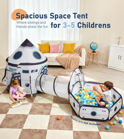3PC Kids Play Tent with Tunnel and Ball Pit, Pop up Play Tents for Toddlers, Rocket Ship Playhouse for Indoor & Outdoor Use, Boys Spaceship Tent Set with Carry Bag, Ideal Gifts for Kids