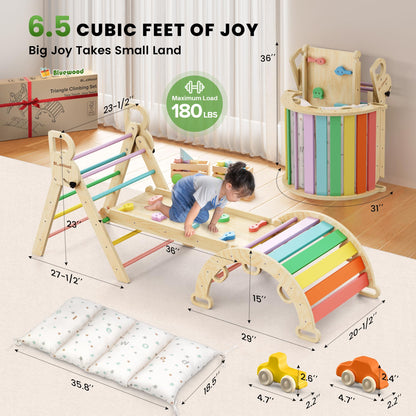 BlueWood Pikler Triangle Set with Cushion - Climbing Toys for Toddlers 9-in-1, Montessori Philosophy Play Jungle Gym with Arch, Ramp, Ladder (Rainbow)