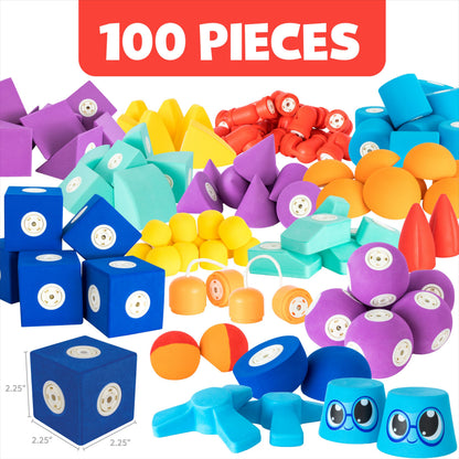 Blockaroo Magnetic Foam Building Blocks - 100-Piece Set with Storage Chest, Bath Toys for Toddlers, Preschool Toys, Sensory Toys, Blocks for Toddlers 3-5, Engineering Toys for Kids 3-5