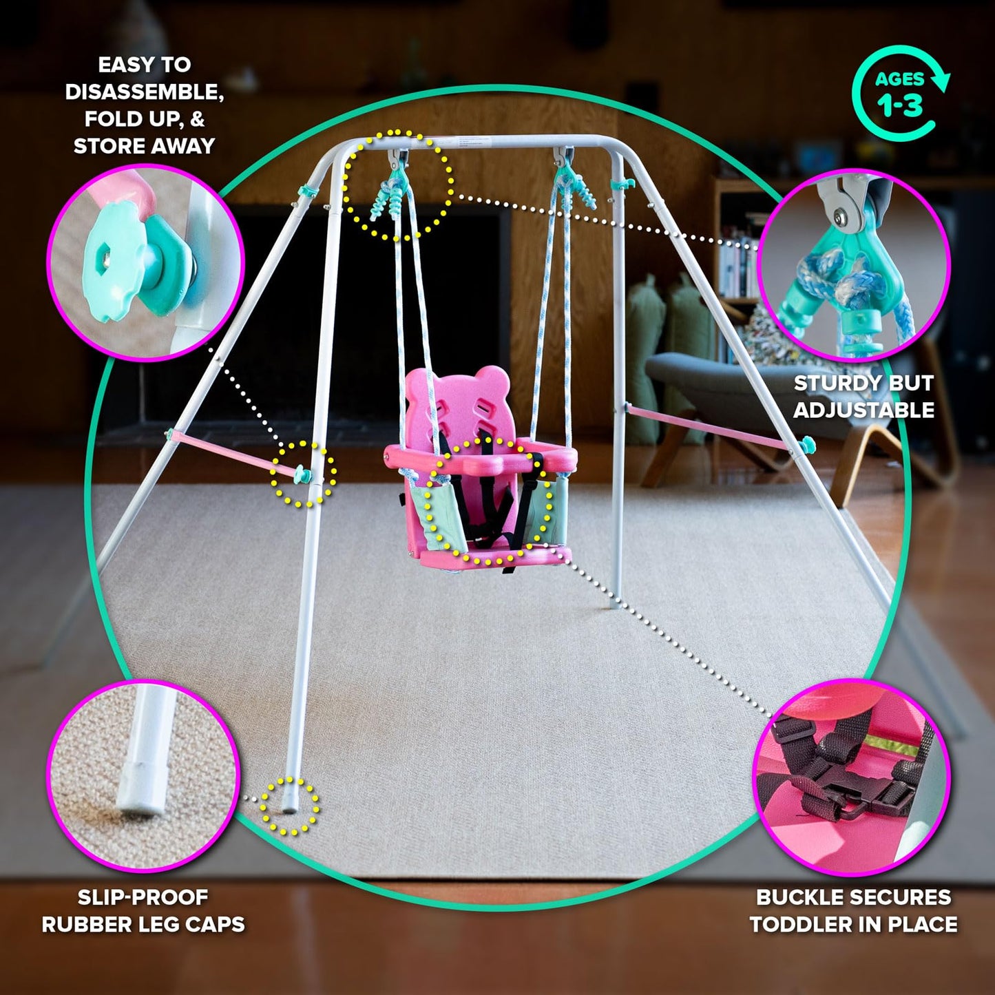 Sportspower FNS-003 My 1st Toddler Swing: Heavy-Duty Baby Indoor/Outdoor Swing Set with Safety Harness, Capacity - up to 50 lbs, Pink/Pale Green