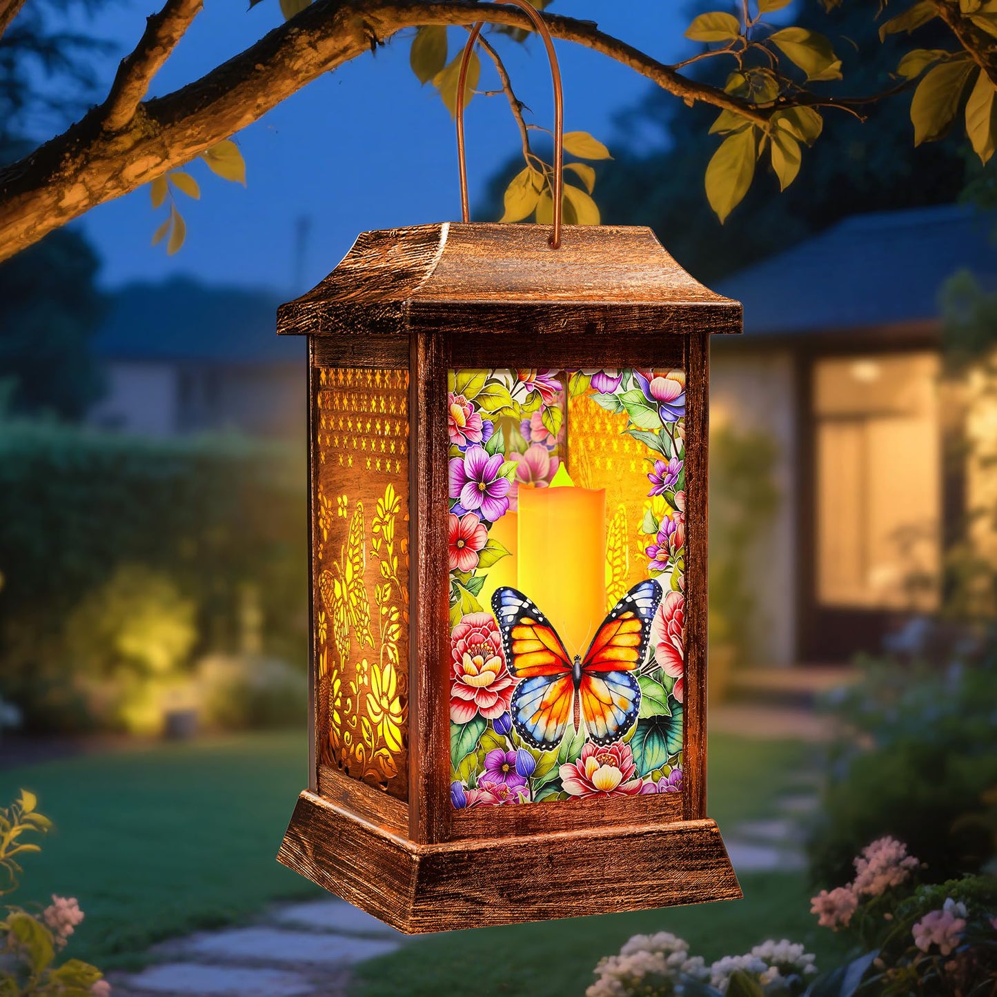 Butterfly Solar Lanterns Outdoor Waterproof, Metal & Glass Hanging Lights Garden Decor, Birthday Gifts for Women Mom Grandma Mothers Day, Decorative Lights for Outside Yard Patio Backyard Porch