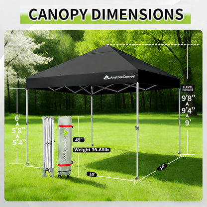 Anytee-10x10 Pop Up Canopy Tent, Easy Up Waterproof Outdoor Canopy with Wheeled Bag, Sun Shade for Patio, Backyard, Parties, Camping-Black