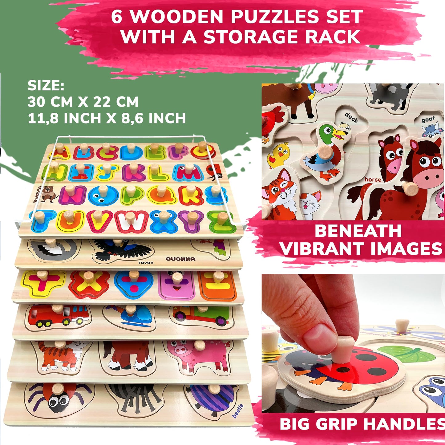 QUOKKA Wooden Puzzle Bundle – 9 Montessori Puzzles with Rack for Toddlers Ages 2–5 – Alphabet, Numbers, Animals, Mushrooms & Leaves – Educational Preschool Toys for Boys & Girls