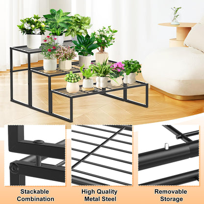 Gouisalin 3 Tier Metal Plant Stand Indoor Outdoor, Potted Multiple Flower Pot Holder Rack Plant Shelf, Heavy Duty Planter Display Shelving for Patio Balcony Garden Living Room Decorative (3 Tier- Black)