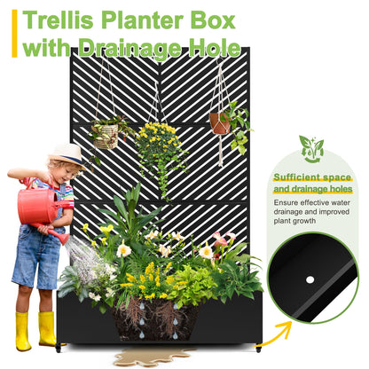 FENCY Metal Raised Garden Bed with Wheels and Trellis,73"x47"x16" Planter Box for Climbing Plants, Vegetables & Vines, Features Privacy Screen and Drainage Holes (Black-Arrow)