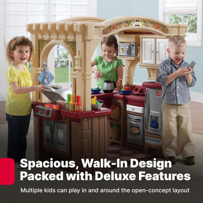 Step2 Grand Walk-In Kitchen & Grill Kids Playset, Indoor/Outdoor Kitchenette, Interactive Play with Lights and Sounds, Durable Plastic, 103 Piece Toy Accessories, Toddlers 2+ Years Old, Brown/Tan