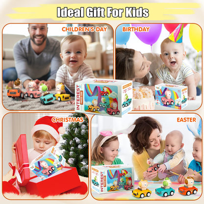 SUPVIB Press to Go Friction Inertia Car, Animal Toddler Toy Cars 1-3, Infant 6-9-12-18 Month Play Figure Vehicle Set, 1st Birthday Gift for 1-2 Year Old Boy Girl