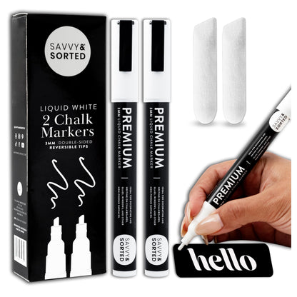 SAVVY & SORTED Erasable White Chalk Markers, 2PK 3mm Liquid Fine Tip Pens Chalkboard Bistro Marker for Glass Window Board