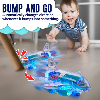 Playbees Light Up Transparent Gear Airplane Kids Bump and Go Autism Toys Colorful Moving Gears with Music and LED Effects Toddler Boy Toys Ages 3+