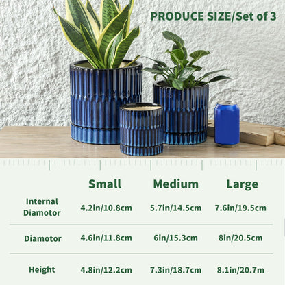 HASENSE Ceramic Plant Pots Set of 3 (8+6+4.6 Inch), Flower Planters with Drainage Hole and Saucer, Indoor Planter Pots for Succulents, Herbs, Ideal for Home Office Desktop Garden Decor(Blue)