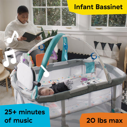 Baby Einstein Kick & Snooze 3-in-1 Foldable Playard, Bassinet and Musical Play Gym, Includes Fitted Sheet, 3-Step Easy Fold, Piano Toy with 25+ Minutes of Music, Grows with Baby, Ages 0 Months and Up