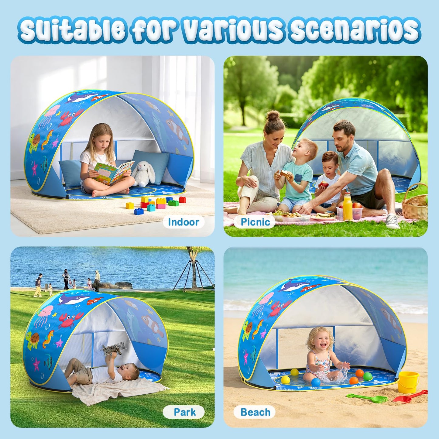 AZDYJL Baby Beach Tent with Pool, Pop Up Beach Tent UV Protection Sun Shelter for Infant Toddlers, Portable Shade Pool Tents Baby Beaches Essentials with Carry Bag for Outdoor, Travel, Camping