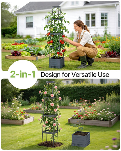 Suteck 1-Pack Raised Garden Bed Planter Box with Trellis, Self-Watering Tomato Planter with Adjustable Height Steel Support Frame for Climbing Plants, Tomato Cages for Patio, Balcony & Outdoor