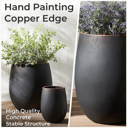 Wallowa 17.7"+13.3"+9.5" Dia Round Concrete Planter Set of 3, Large Outdoor Planter, Black with Gold Rim, Flower Pots with Drainage Holes for Garden, Patio, Home, Office