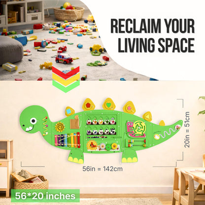 AthomBear Dinosaur Wall Busy Board with 12 Activities - Wall Toys for Toddlers 2,3,4,5 - Sensory Panel Wooden - Montessori Busy Board Learning Activity Center for Playroom and Classroom