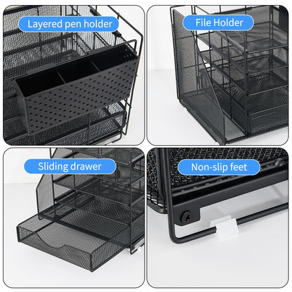 OUTIOE Desk Organizer with Drawer and Pen Holder, 5-Tier Paper Letter Tray Organizer with File Holder, Suitable for Workspace Organizer Office Supplies Storage (Black)