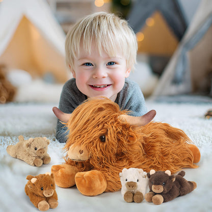 5PC Highland Cow Stuffed Animals with Babies Inside, 1 Mommy Highland Cow Plush & 4 Surprise Babies, Cute Plush Toy for Kid Boys Girls Ages 3 4 5 6 7 8, Gift Ideal for Christmas, Valentine's, Birthday