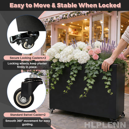 Hlplenn Tall Rectangular Metal Planter Box（36''L x 11''W x 30''H） with Wheels, Large Outdoor Rolling Planter for Patio & Garden, Modern Black Steel Planter Boxes Outdoor with Locking Casters
