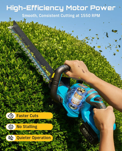 SEESII 22" Hedge Trimmer Cordless, 20V Electric Bush Trimmer with 2 Pcs 4000mAh Batteries & Charger, 180°Rotatable Handle, 3/4" Blade Gap, Debris Collector, Handheld Power Shrub Trimmers for Yard