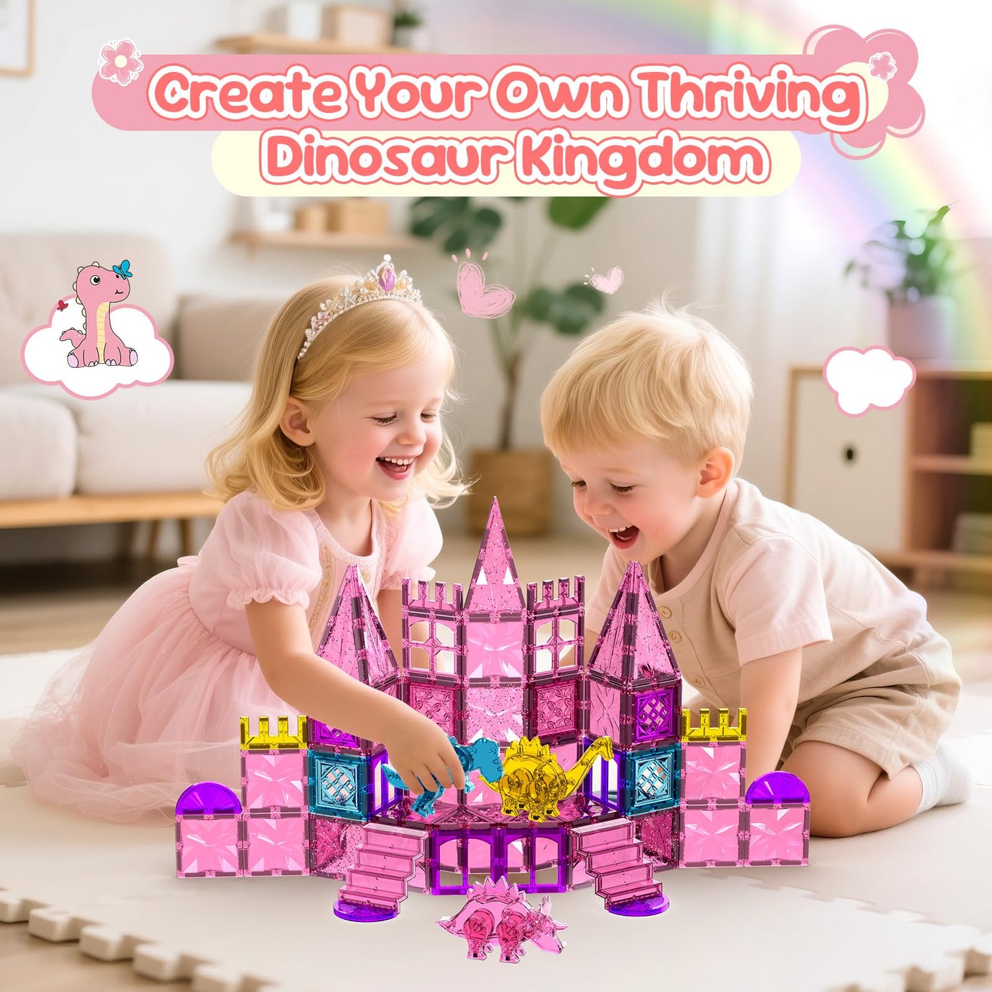UREC 60PCS Dinosaur Toys Magnetic Tiles for Girls, Magnetic Building Blocks Sensory Dino Toy for Girl Ages 3-5 4-8 Year Old, Girl Toys Dinosaur Decorations Birthday Gifts for 3+ Years Old Kids Boys