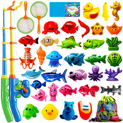 CozyBomB™ Magnetic Fishing Toys Game Set for Kids | Water Table Bathtub Kiddie Pool Party Pole Rod Net, Outdoor Plastic Floating Fish, Toddler Bath Color Ocean Sea Animals Birthday Gift Age 3-5 6 4-8