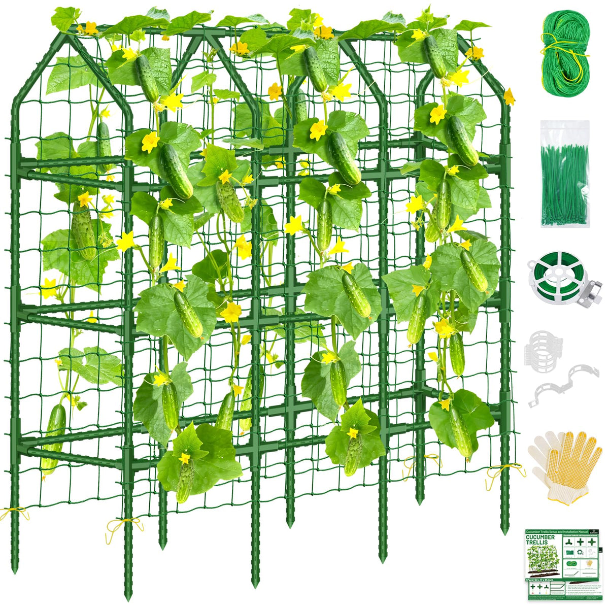 Sunwinx 50x65 Inch Cucumber Trellis for Raised Beds, V-Frame Metal Plant Garden Trellis for Climbing Plants Outdoor with Climbing Netting for Tomato Vegetable Grape Vine Bean Pea Squash
