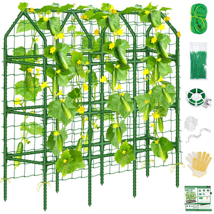 Sunwinx 50x65 Inch Cucumber Trellis for Raised Beds, V-Frame Metal Plant Garden Trellis for Climbing Plants Outdoor with Climbing Netting for Tomato Vegetable Grape Vine Bean Pea Squash