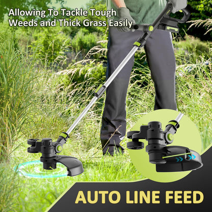 20V Cordless String Trimmer, Two 2.0Ah Battery Powered with Fast Charger, 12'' Grass Cutter with Auto Line Feed, 3-in-1 Electric Lawn Mower Grass Trimmer&Edger Lawn Tool with 8 Lines for Yard, Garden